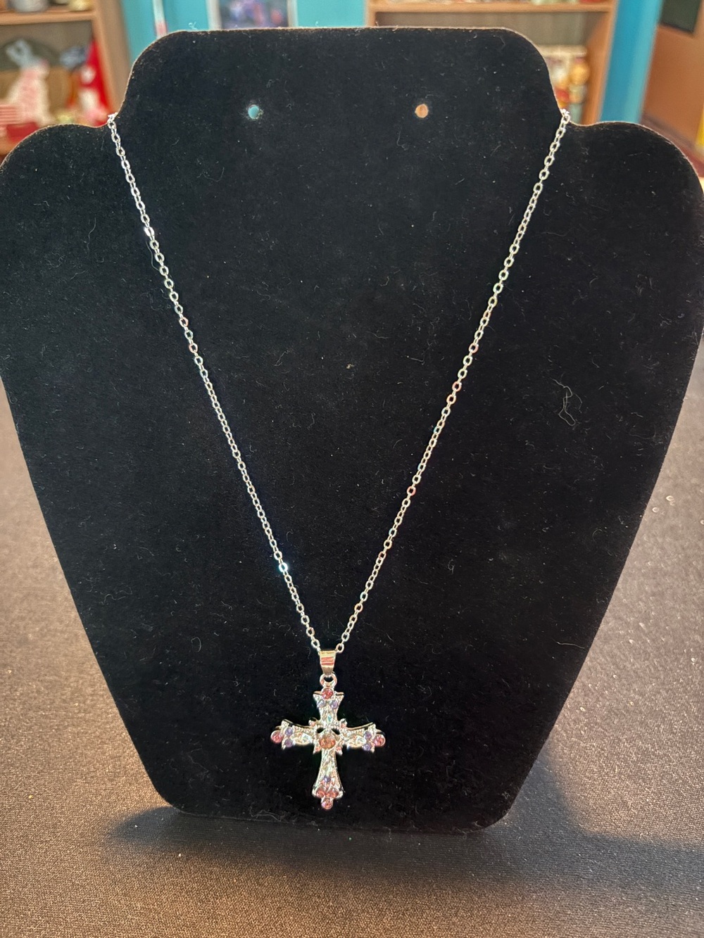 Silver Tone Cross Pendant Necklace with Multicolor Gem Accents